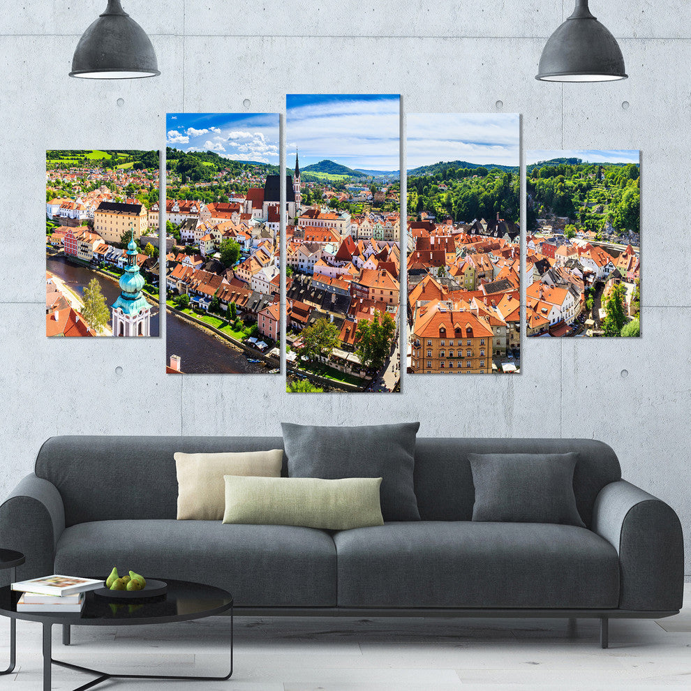 City Aerial View Panorama, Large Cityscape Canvas Art Print, 60"x32", 5 Panels