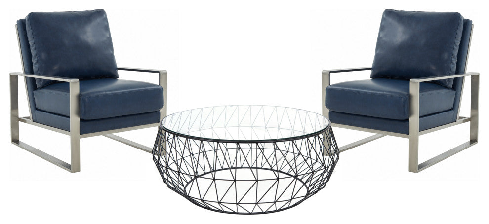 LeisureMod Jefferson 3-Piece Set With Coffee Table and 2 Arm Chairs, Navy Blue