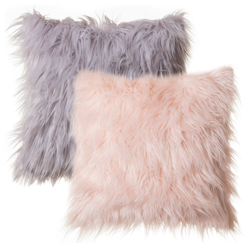 Faux Fur Throw Pillow With Insert, Silver Grey And Pink