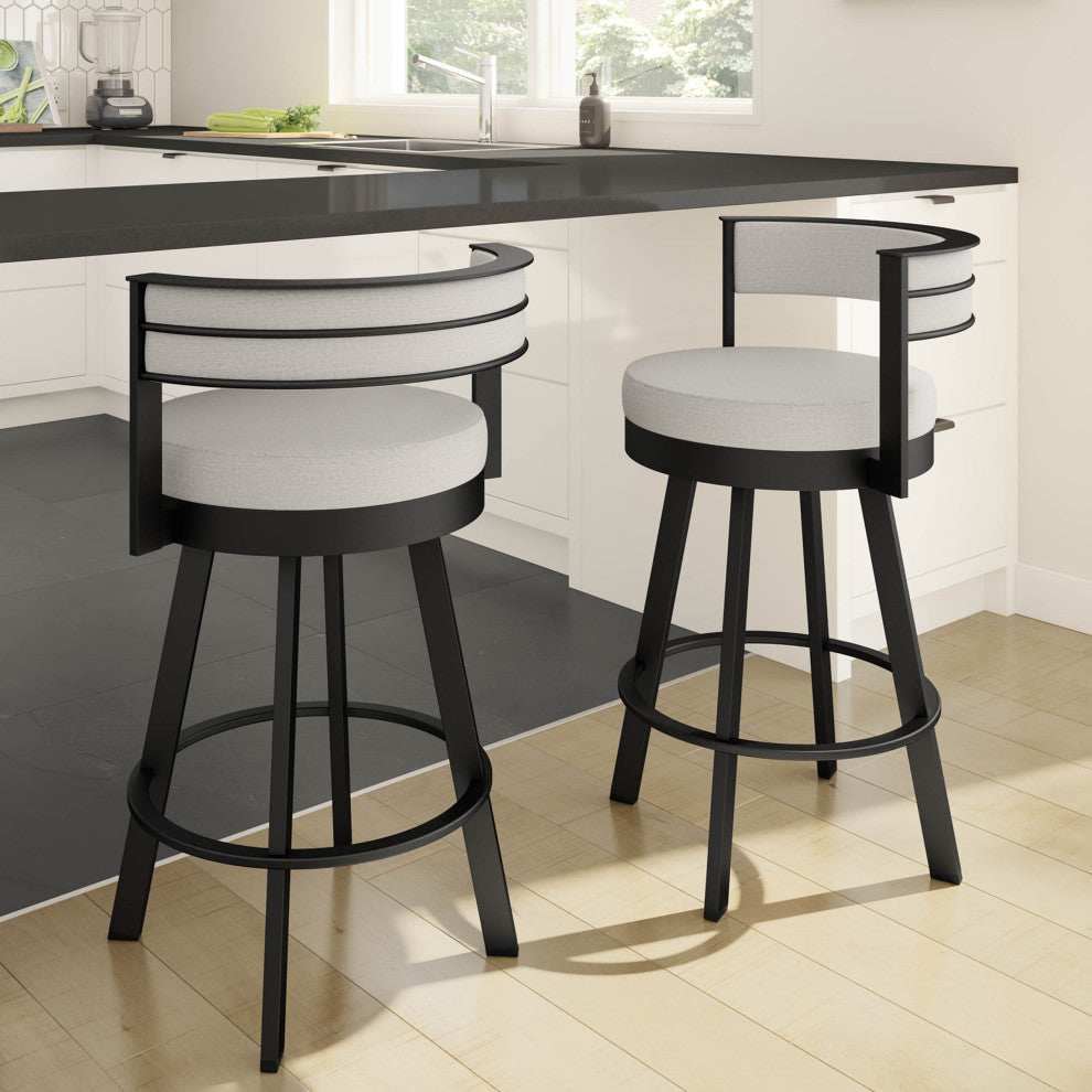 Amisco Browser Swivel Counter and Bar Stool, Light Grey Polyester / Black Metal, Bar Height