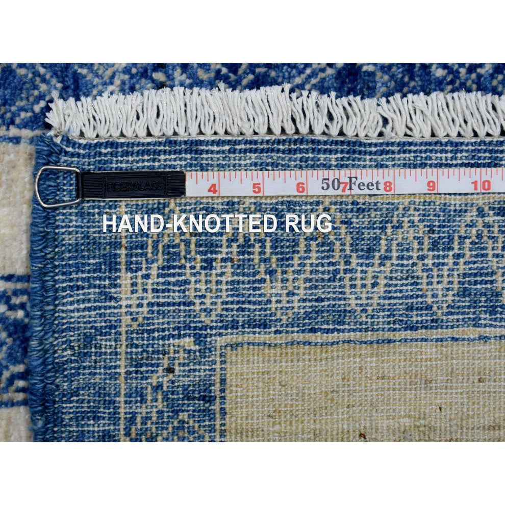 Soft and Pliable Wool Hand Knotted Denim Blue Maze Design Rug, 5'10" x 8'9"