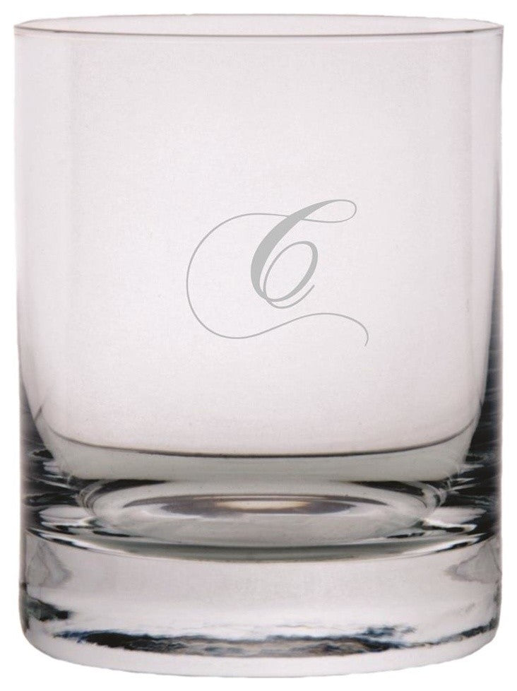 Chopin Script Monogram 11oz. Stolzle New York Crystal Rocks Glass, Letter C