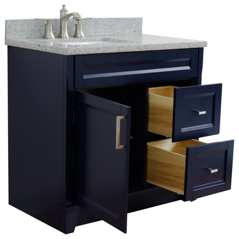 37" Single Sink Vanity, Blue Finish With Gray Granite And Left Door/Left Sink