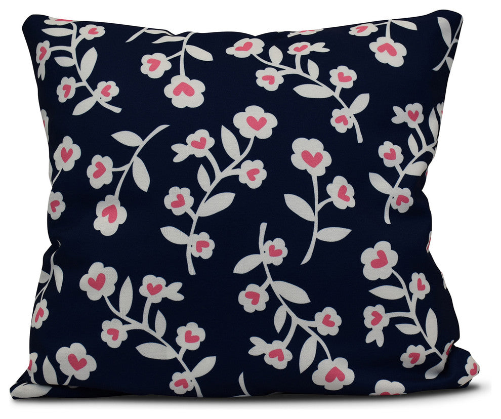 Valentines Floral, Holiday Floral Print Outdoor Pillow, Navy Blue, 20"x20"