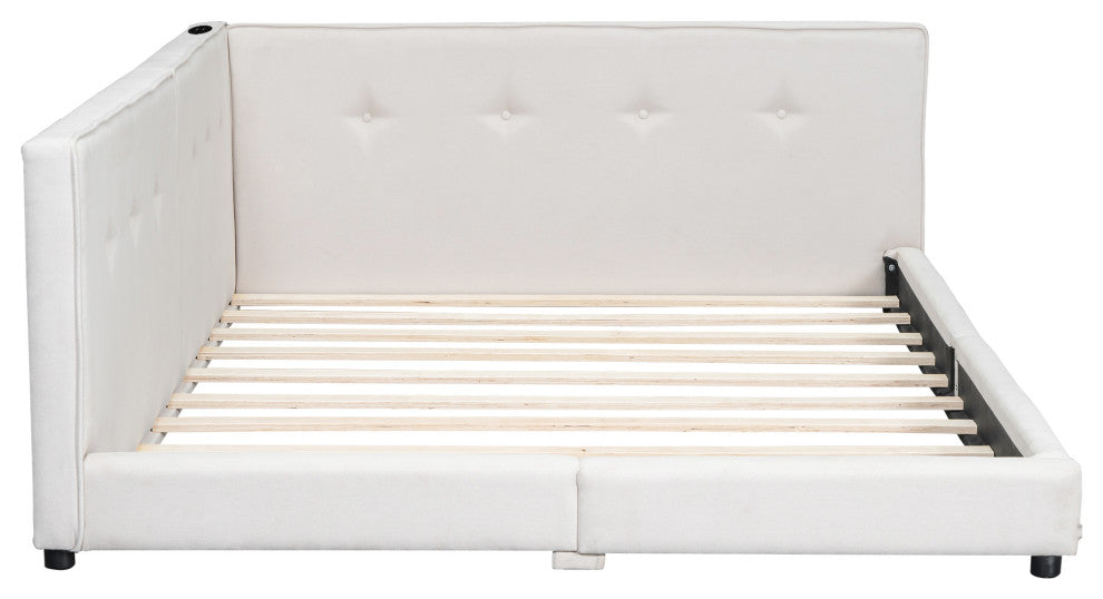 Gewnee Upholstered Queen Size platform bed with USB Ports, Beige
