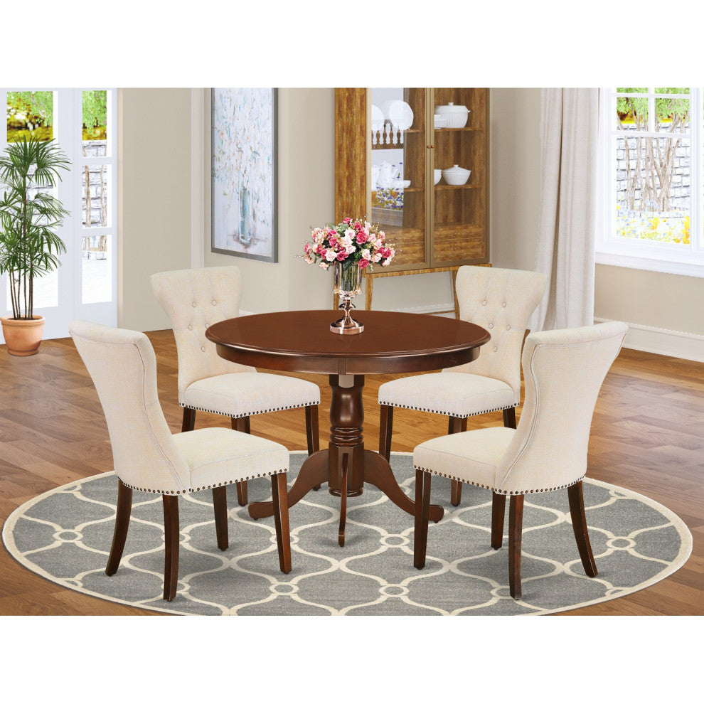 5Pc Dining Set 4 Upholstered Chairs, Round Table Hardwood Frame, Mahogany Finish