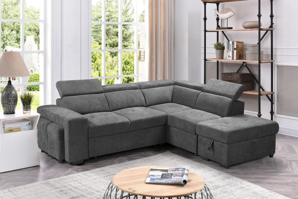 Henrik Gray Sleeper Sectional Sofa With Storage Ottoman and 2 Stools, Light Gray