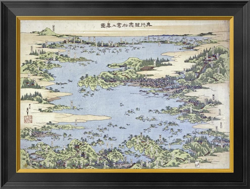 "Map of Shiogama and Matsushima In Oshu" Framed Canvas Giclee by Hokusai, 26x20"