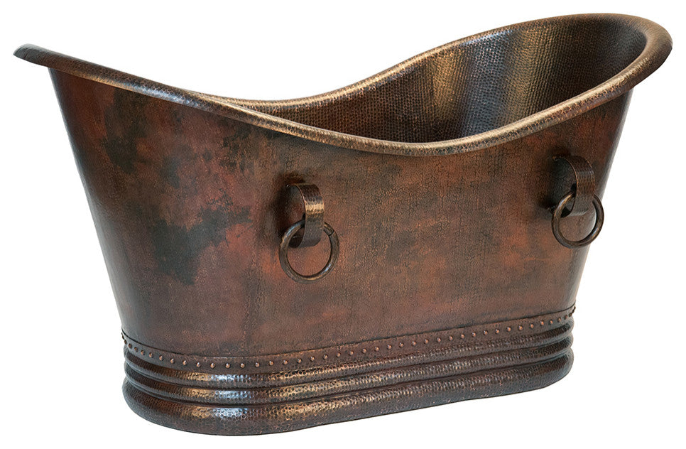 60" Hammered Copper Double Slipper Bathtub, Rings & Drain Package