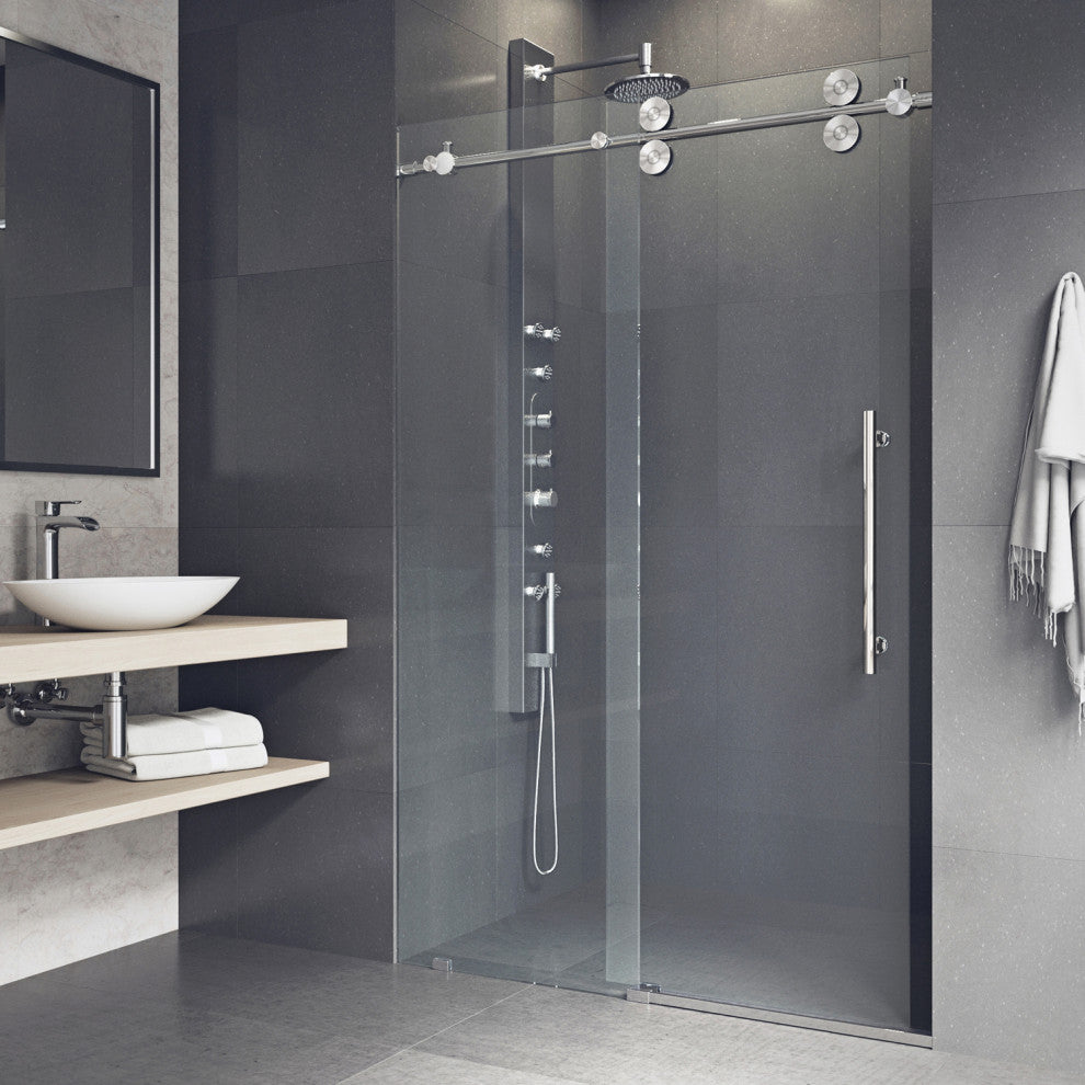 VIGO Elan 48" to 52" W x 74" H Frameless Sliding Shower Door, Stainless Steel, Clear Glass