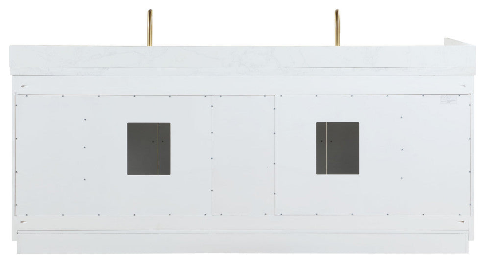 Gavino Vanity With Grain White Composite Stone Top, White/Brushed Gold, 84", With Mirror