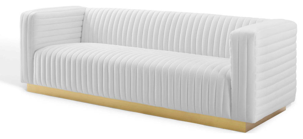 Tufted Sofa, Velvet, White, Modern, Living Lounge Room Hotel Lobby Hospitality