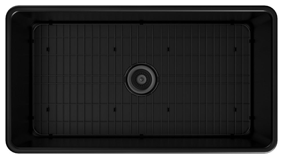 33in Single Bowl Fireclay Farmhouse Apron Kitchen Sink with Grid and Drainer, Matte Black