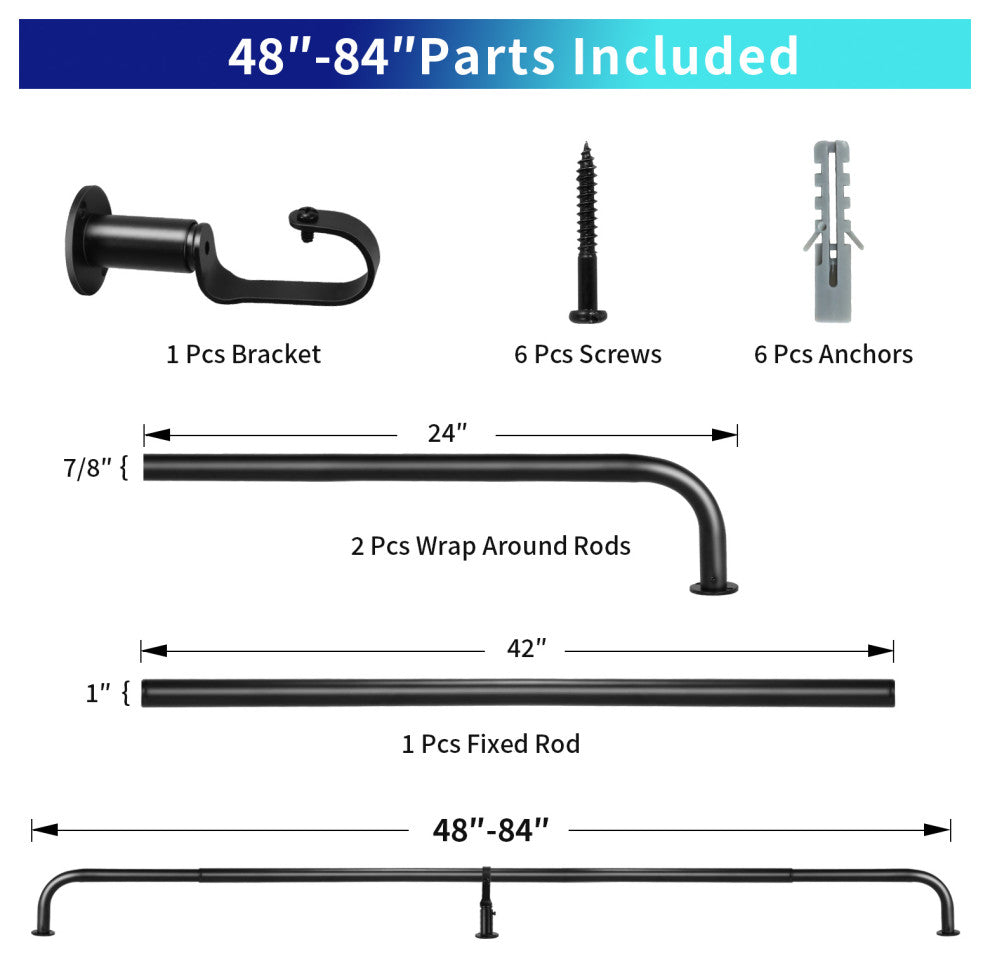 Energy Saving Wrap Around Black Out Return Adjustable Window Curtain Metal Rod, Black, 48"-84"