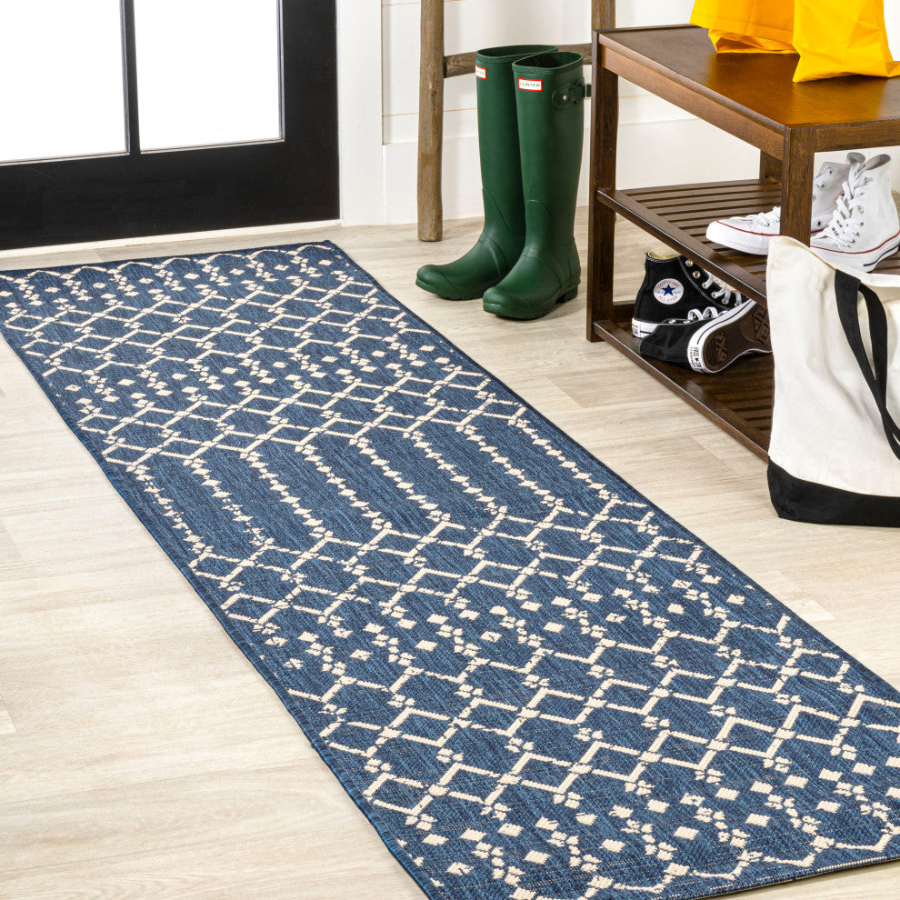 Ourika Moroccan Geometric Indoor/Outdoor Rug, Navy/Beige, 2x10