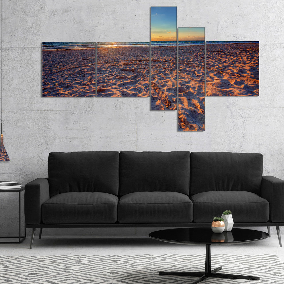 Trodden Sandy Beach at Sunset, Seashore Canvas Art Print, 60"x32", 5 panels