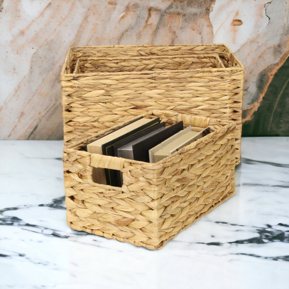 3-Piece Rectangular Water Hyacinth Basket With Round Edge