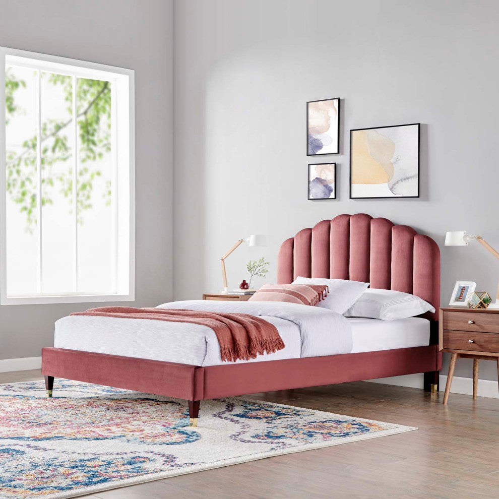 Platform Bed Frame, Queen Size, Pink, Velvet, Modern, Bedroom Guest Suite