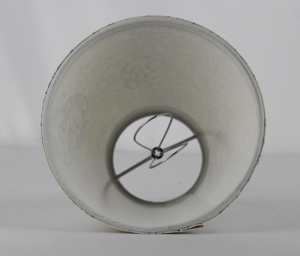 3x6x5" Linen Chandelier Lamp Shade, Natural With Blue Vintage Script, Set of 6