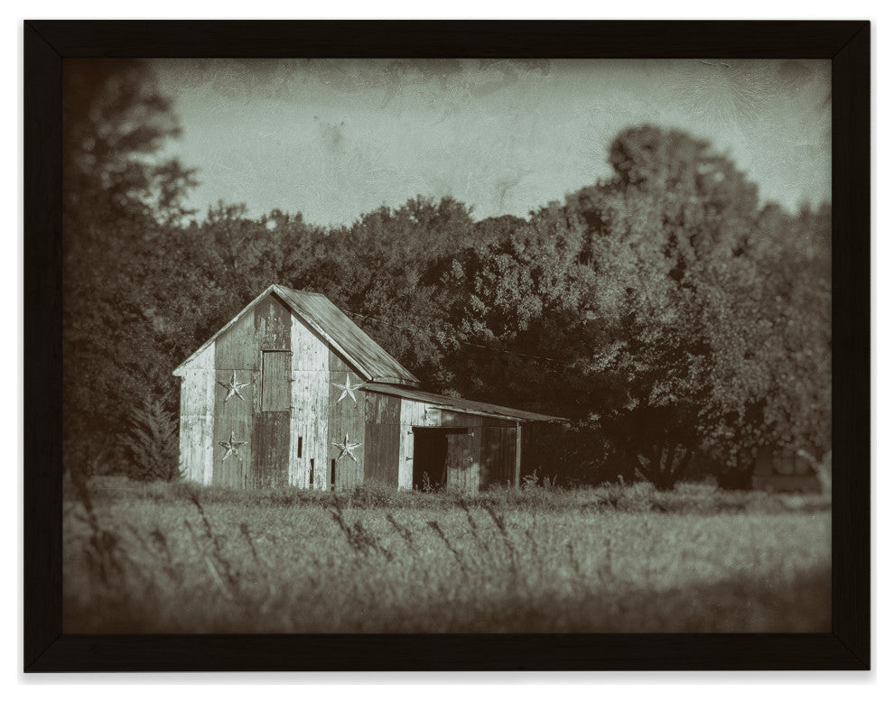 Patriotic Barn in Field Vintage Black and White Framed Photo Wall Art Print, Black, 11" X 14"