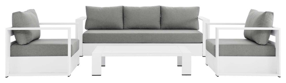 Sectional Sofa Table Set, White Gray, Aluminum, Modern, Outdoor Patio
