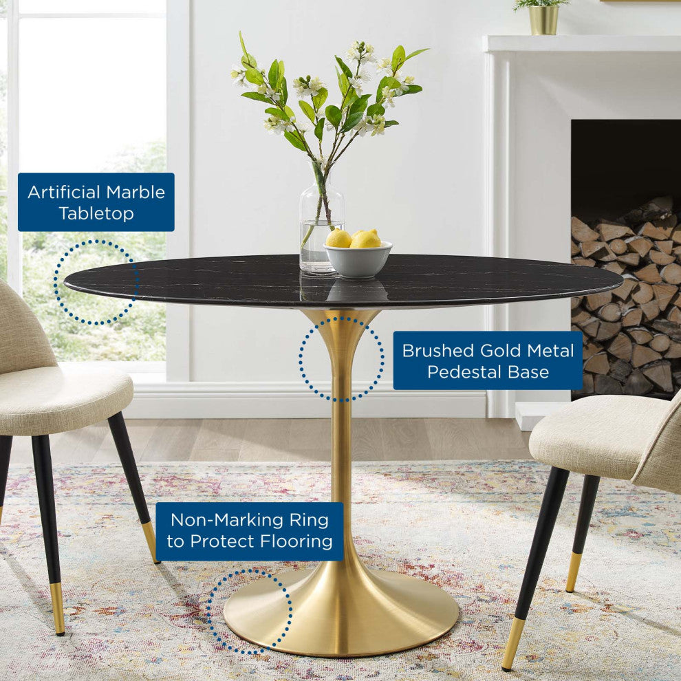 Dining Table, Oval, Artificial Marble, Metal, Gold Black, Cafe Bistro Restaurant