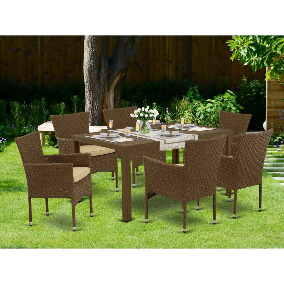 7Pc Outdoor- Brown Wicker Dining Set, Patio Table, 6 Balcony Backyard Armchair