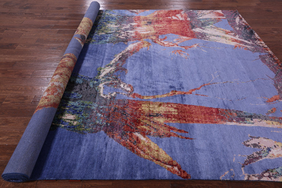 8' 10" X 12' 4" Modern Parrots Design Hand Knotted Silk Rug Q11601