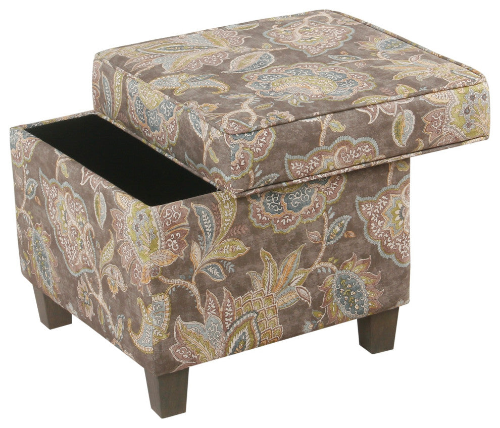 Floral Pattern Fabric Ottoman With Lift Off Top & Tapered Feet, Multicolor