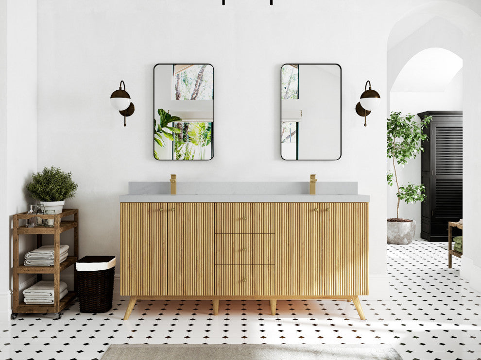 Pasadena 72 Double Sink Bath Vanity in Light Natural Teak 2" Carrara Quartz
