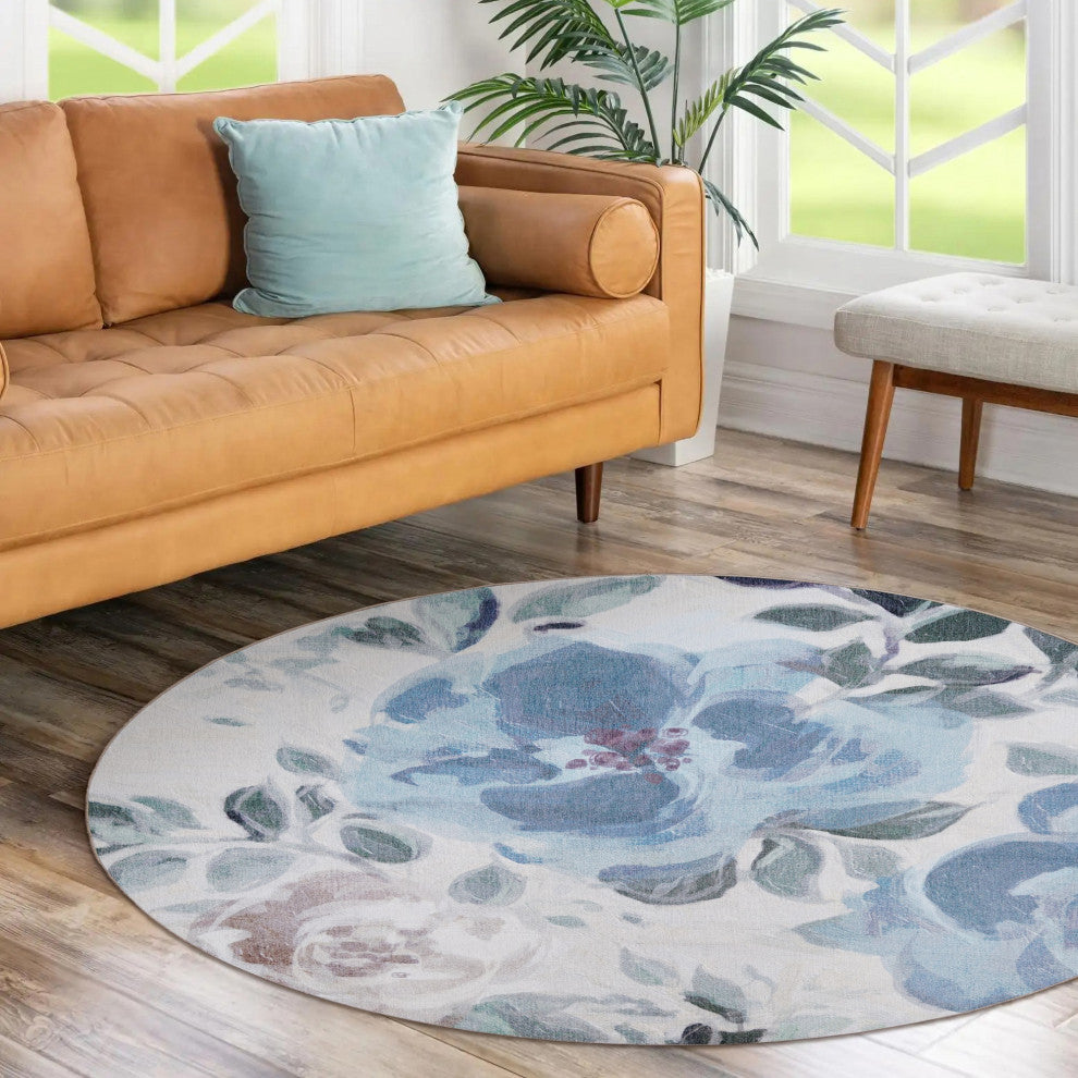 My Magic Carpet Washable Rug Sasha Floral Cream Blue, 6' X 6'