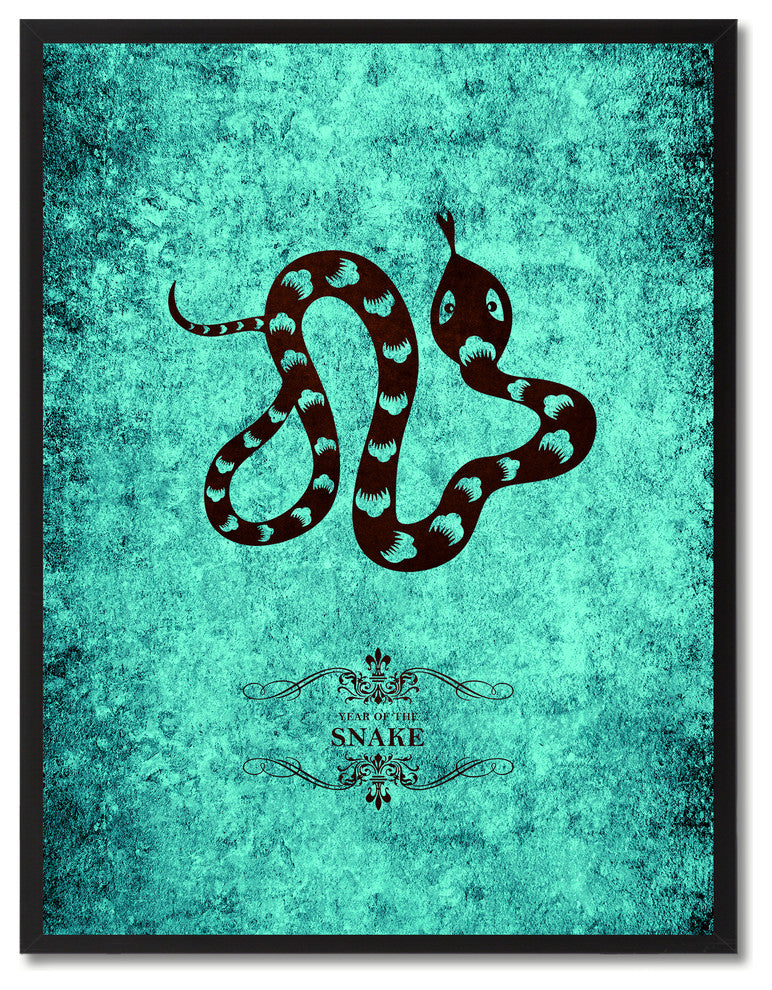 Snake Chinese Zodiac Aqua Print on Canvas with Picture Frame, 13"x17"