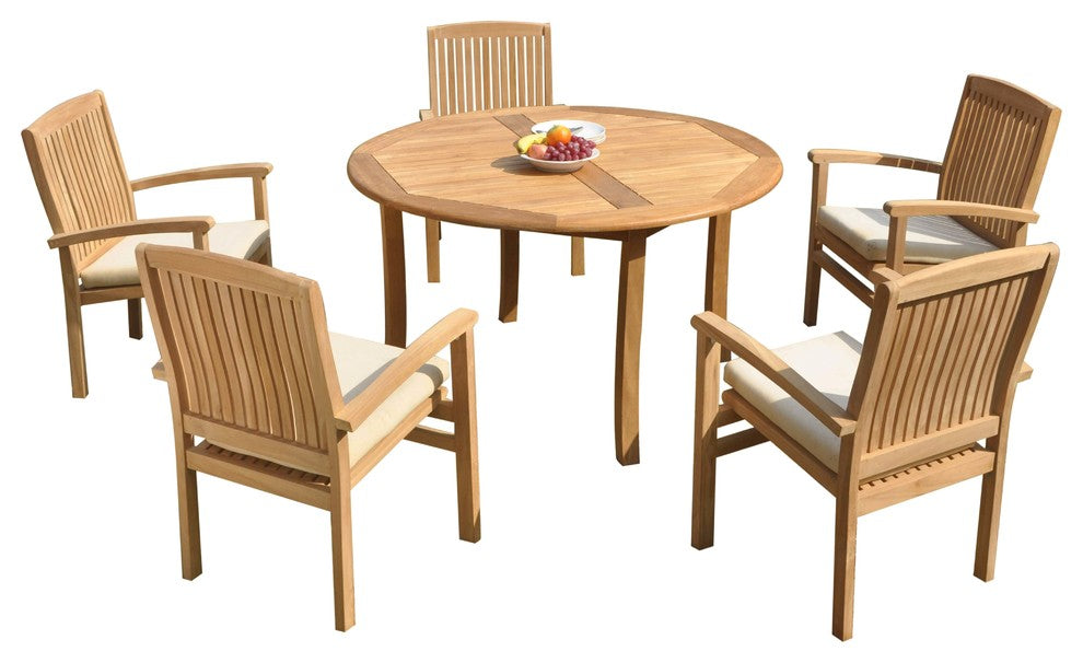 6-Piece Outdoor Teak Dining Set: 52" Round Table, 5 Wave Stacking Arm Chairs