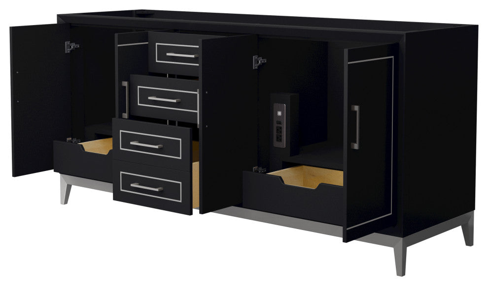 Marlena 72" Black Double Vanity, No Top, No Sink, Nickel Trim
