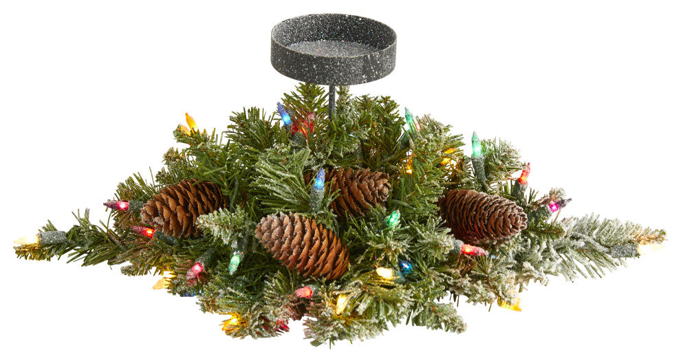 16" Flocked Faux Christmas Pine Candelabrum With 35 Lights and Pine Cones