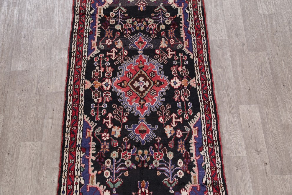 Consigned, Hamedan Wool Handmade Persian Oriental Runner Rug, Black, 9'4"X3'8"