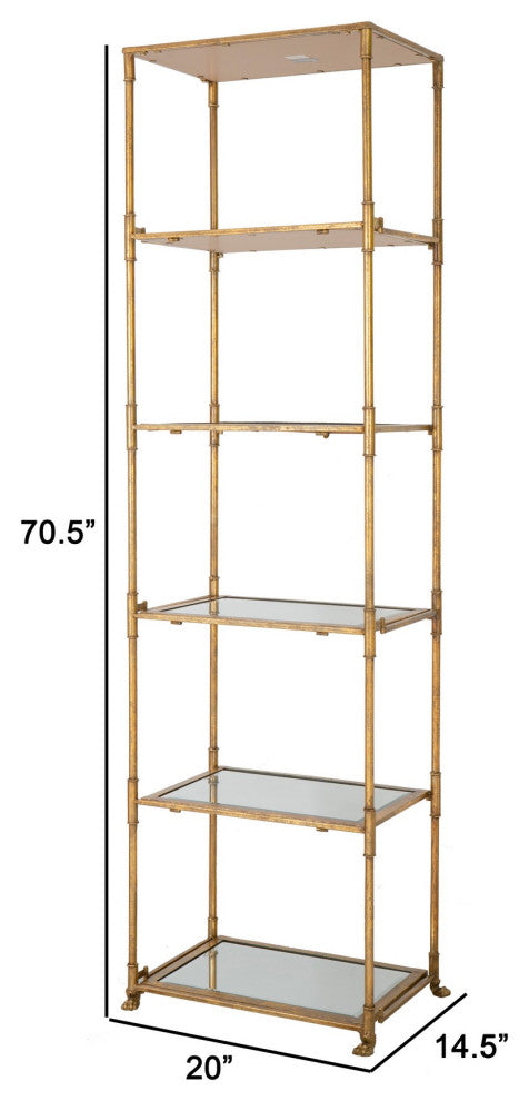Benzara BM285111 71" Shelf, Design, 5 Glass Shelves, Iron Frame, Gold Finish