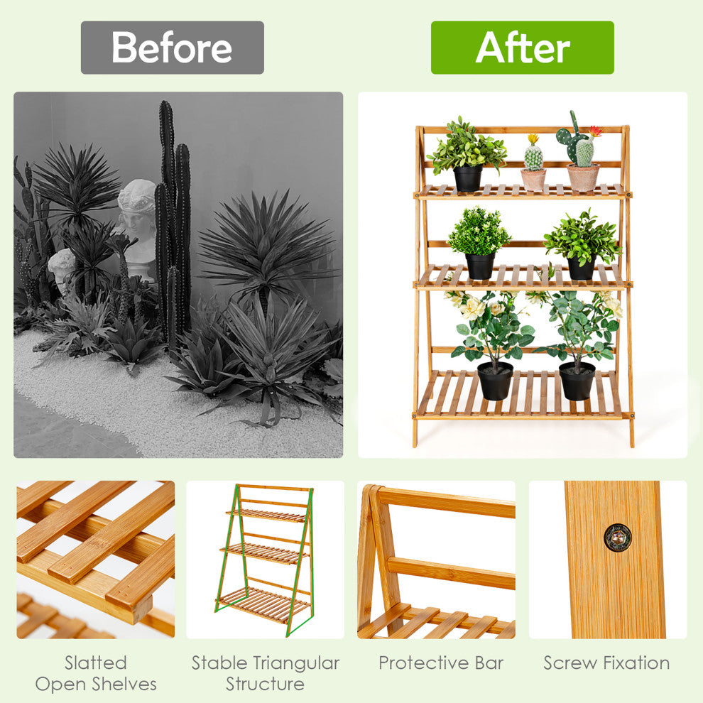 Costway Bamboo Ladder Plant Stand 3-Tier Foldable Flower Pot Rack Natural