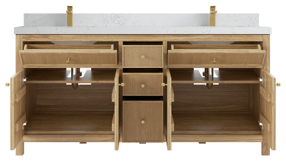 Sonoma 72 Double Sink Bath Vanity in Light Natural Teak with 2" Empira Quartz