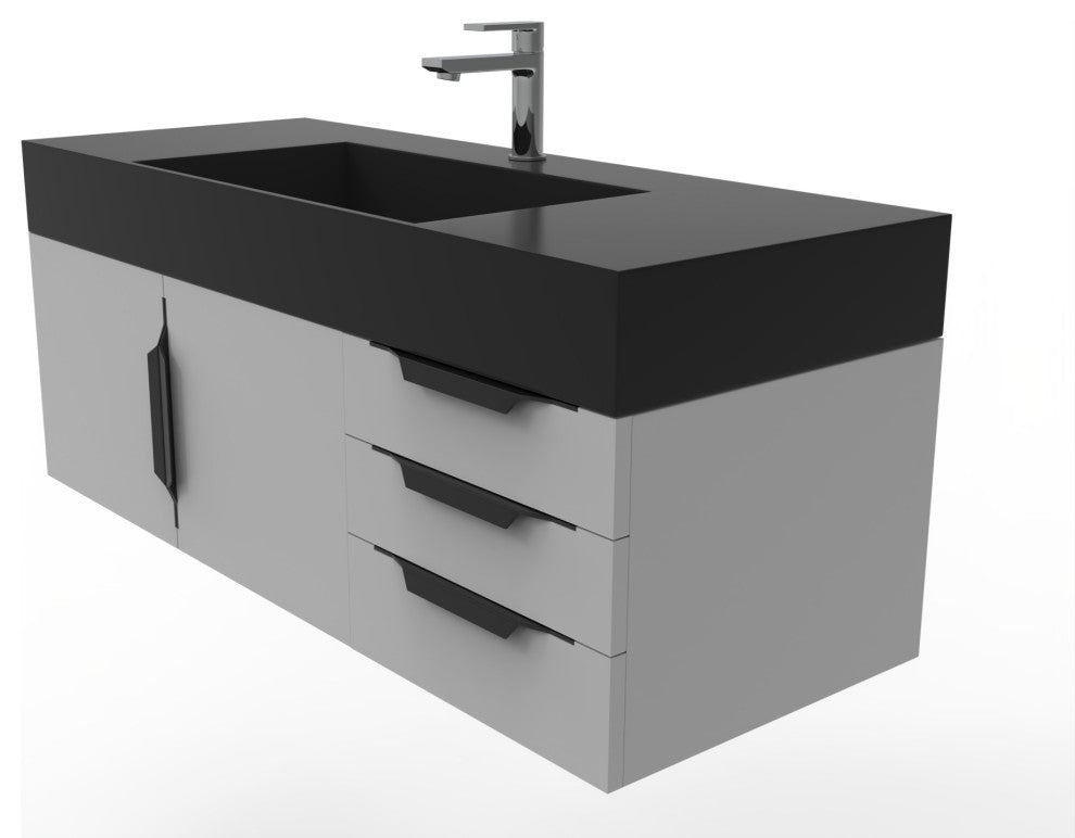 CastelloUSA Amazon 48" Wall Mounted Vanity Set, Gray, Black Top, Black Handles