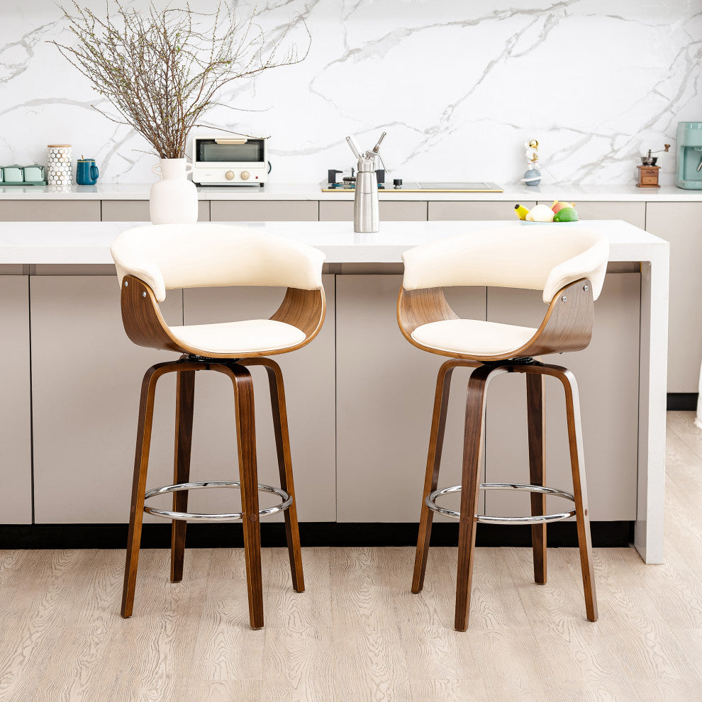 Bentwood Swivel Bar Chair, PU Leather, Set of 2, Cream