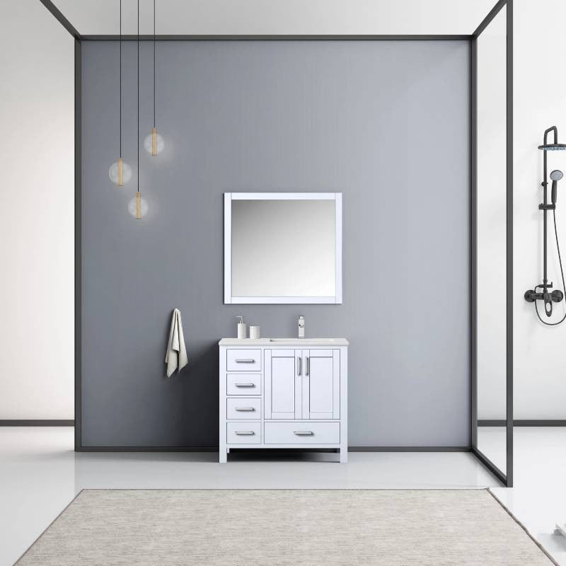 Jacques 36" White Single Sink Vanity with Quartz Top - Right Version, With Mirro