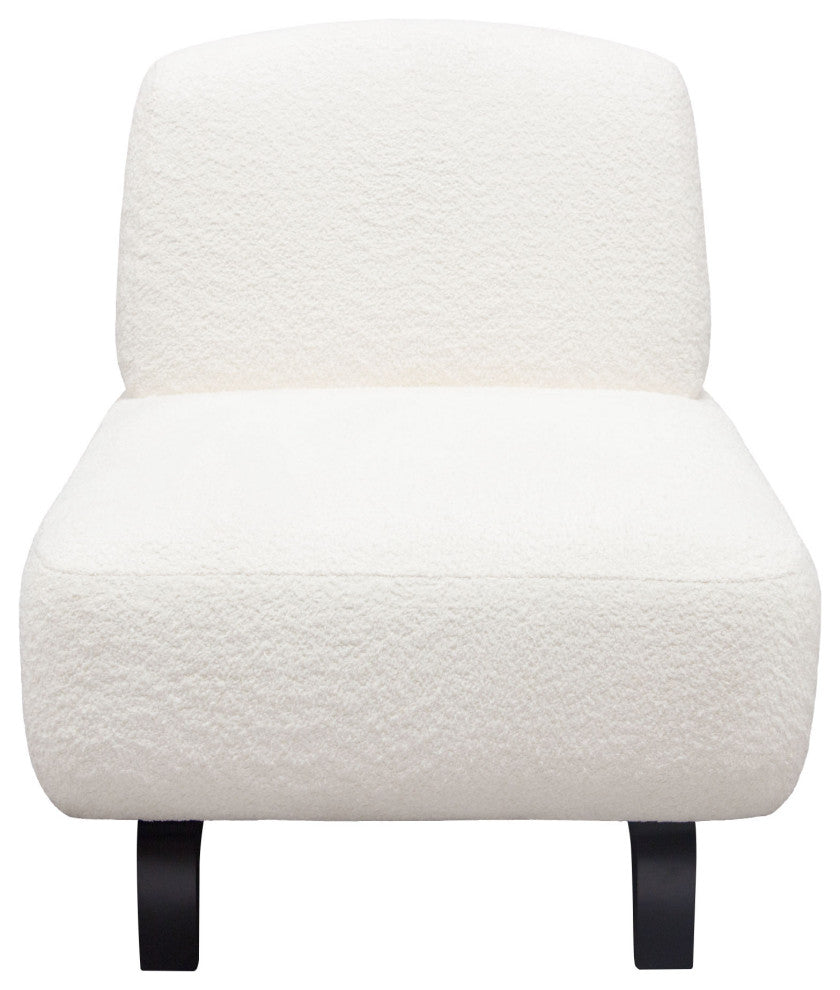 Vesper Armless Chair, Faux White Shearling With Black, Wood Leg Base