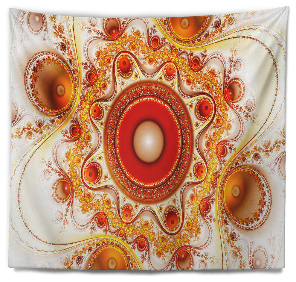 Orange Fractal Pattern with Circles Abstract Wall Tapestry, 92"x78"
