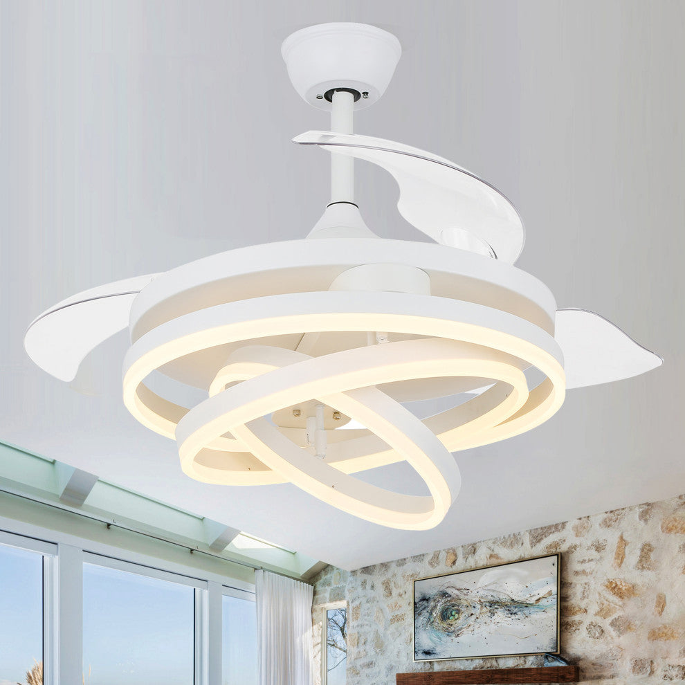 45W Modern Retractable Ceiling Fan Reversible 6-Speed with Remote Control, White, 42