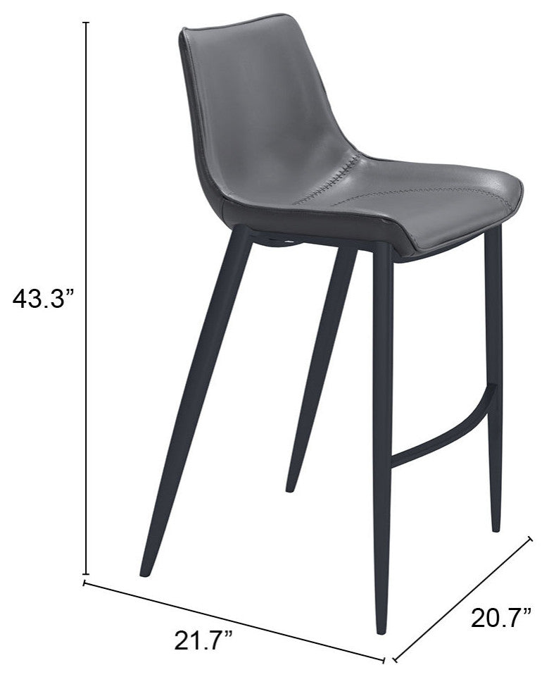 Bar Stool Chair Barstool, Set of 2, Faux Vinyl Leather, Steel, Gray, Black