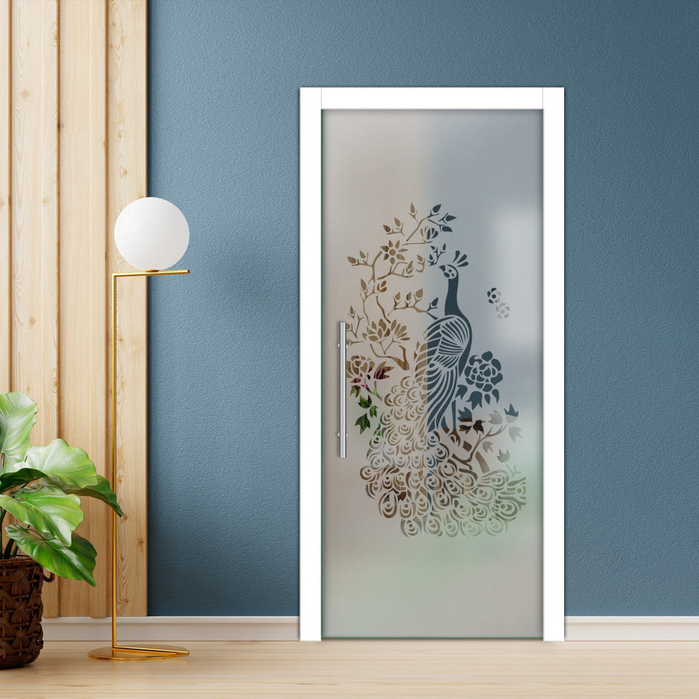 Frameless Pocket Sliding Glass Door, Sandblasted Design, 32"x80" Inches, T-Handle Bar, Semi-Private