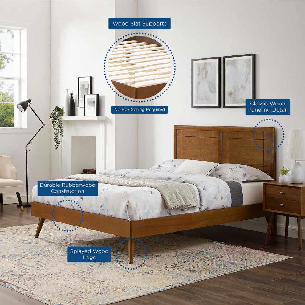 Platform Bed Frame, Queen Size, Wood, Brown Walnut, Modern Mid-Century, Bedroom