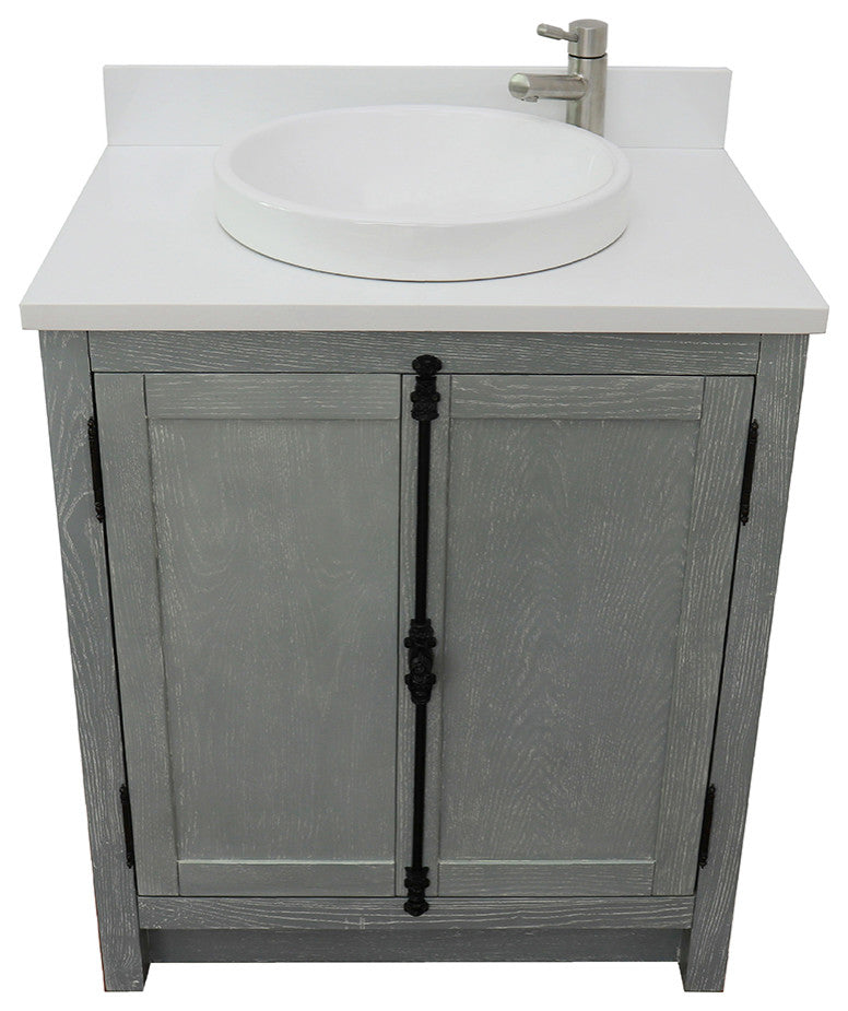 30" Single Vanity, Gray Ash, White Engineered Stone Top, Round Sink