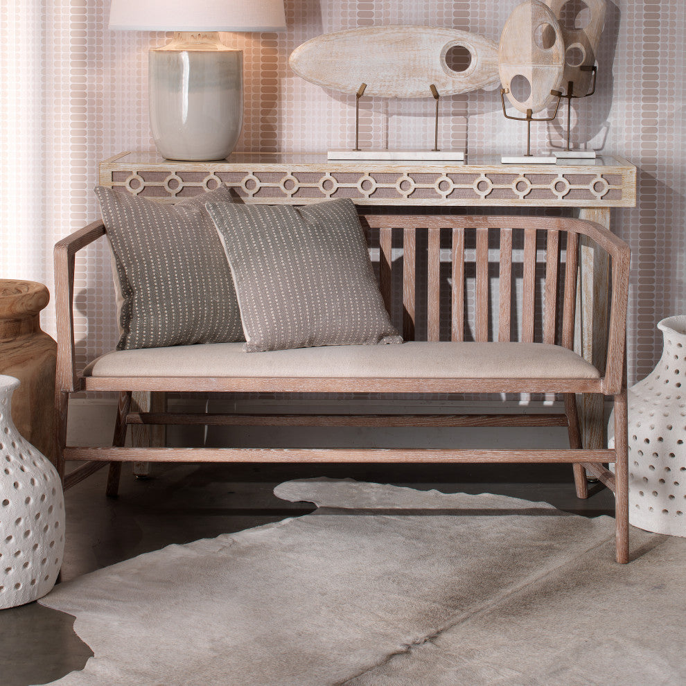Grayson Settee, Off White Linen and Gray Washed Wood